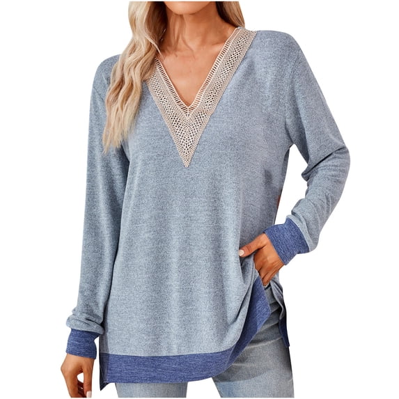 Womens V-Neck Long Sleeve Tops Solid Color Lace Patchwork Pullover Trendy Loose-Fit Vintage Blouse