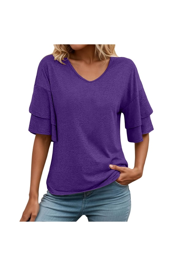 Womens V Neck Loose Fit T Shirt Double Layer Flounce Short Sleeve Top