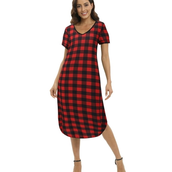 Womens V Neck Loungewear Short Sleeve Mid-Length Nightgowns Pajamas with Pockets Hem Slit, Plus Size Casual Cotton Nightshirts House Dress Sweetness Gift for Mother's Day Girlfriend Wife
