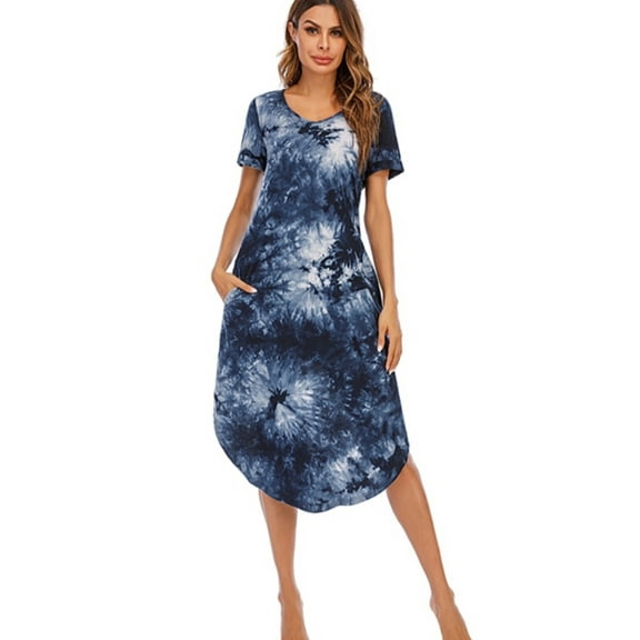 Womens V Neck Loungewear Short Sleeve Mid-Length Nightgowns Pajamas with Pockets Hem Slit, Plus Size Casual Cotton Nightshirts House Dress Sweetness Gift for Mother's Day Girlfriend Wife