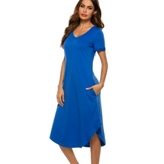 Womens V Neck Loungewear Short Sleeve Mid-Length Nightgowns Pajamas with Pockets Hem Slit, Plus Size Casual Cotton Nightshirts House Dress Sweetness Gift for Mother's Day Girlfriend Wife