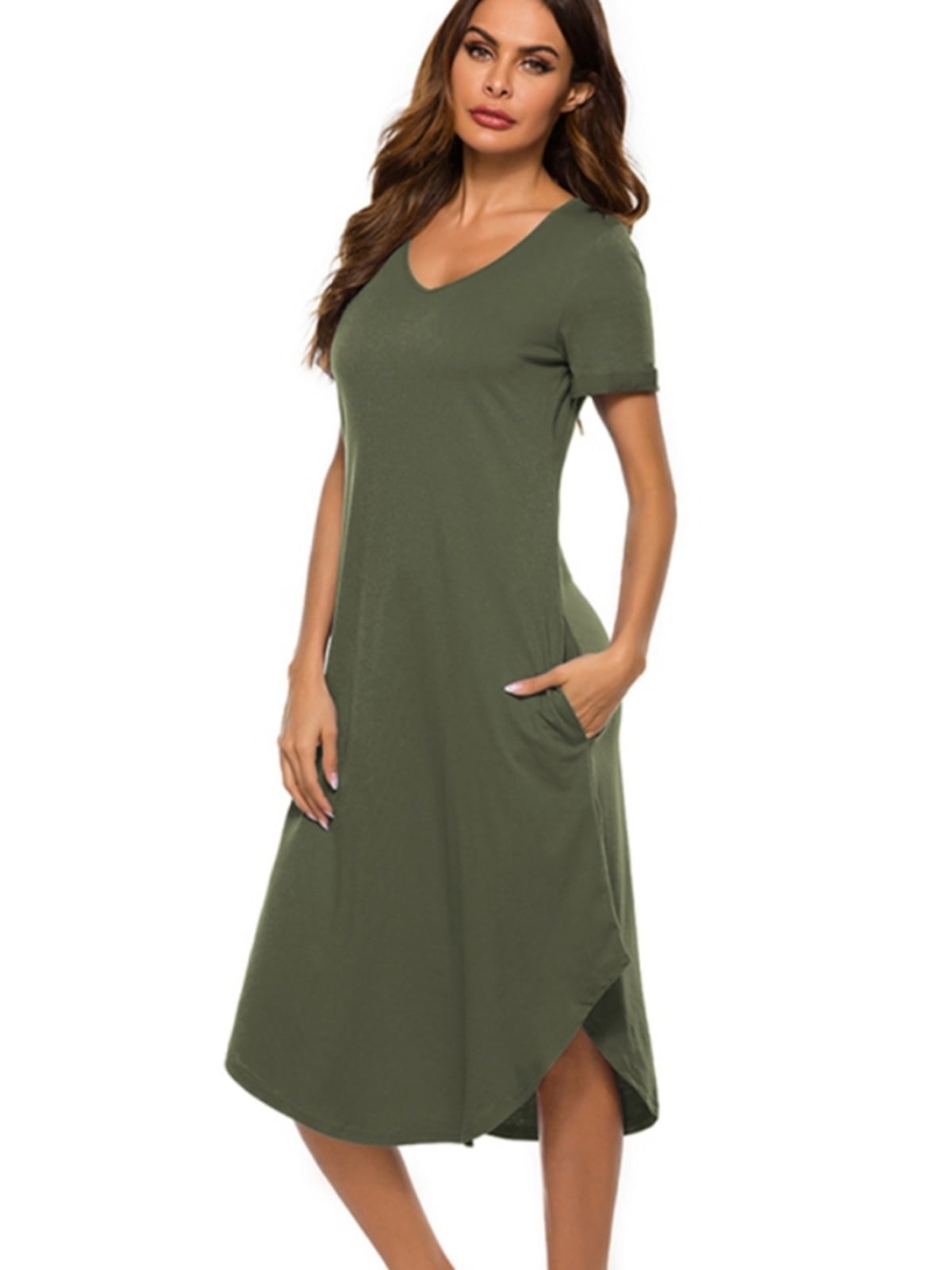NACHILA Women's Bamboo Viscose Nightgown - V-Neck Short Sleeve Lounge Dress, Side Slit, Soft Sleepwear (S-XXL)