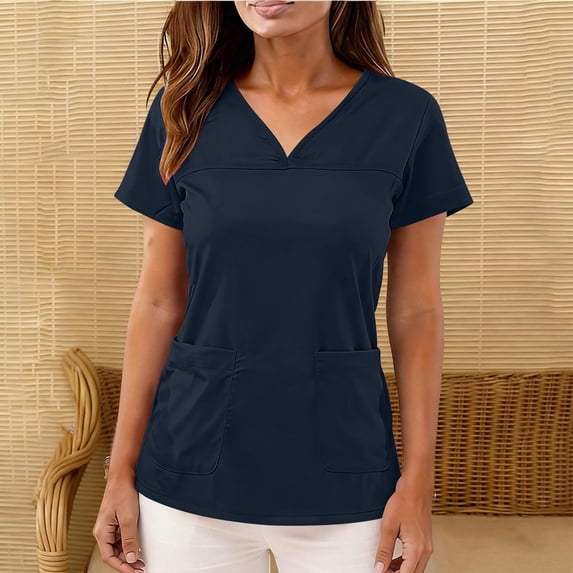 Bwndum Womens V-Neck Medical Scrub Top Stretchy Short Sleeve Nursing Uniform with Pockets Breathable Workwear Navy,Size 2XL