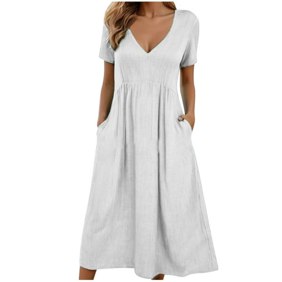 Womens V-Neck Midi Dresses Casual Short Sleeve Pleated Loose Pullover High Waisted Comfort Solid Color Basic Long Dress with Pockets