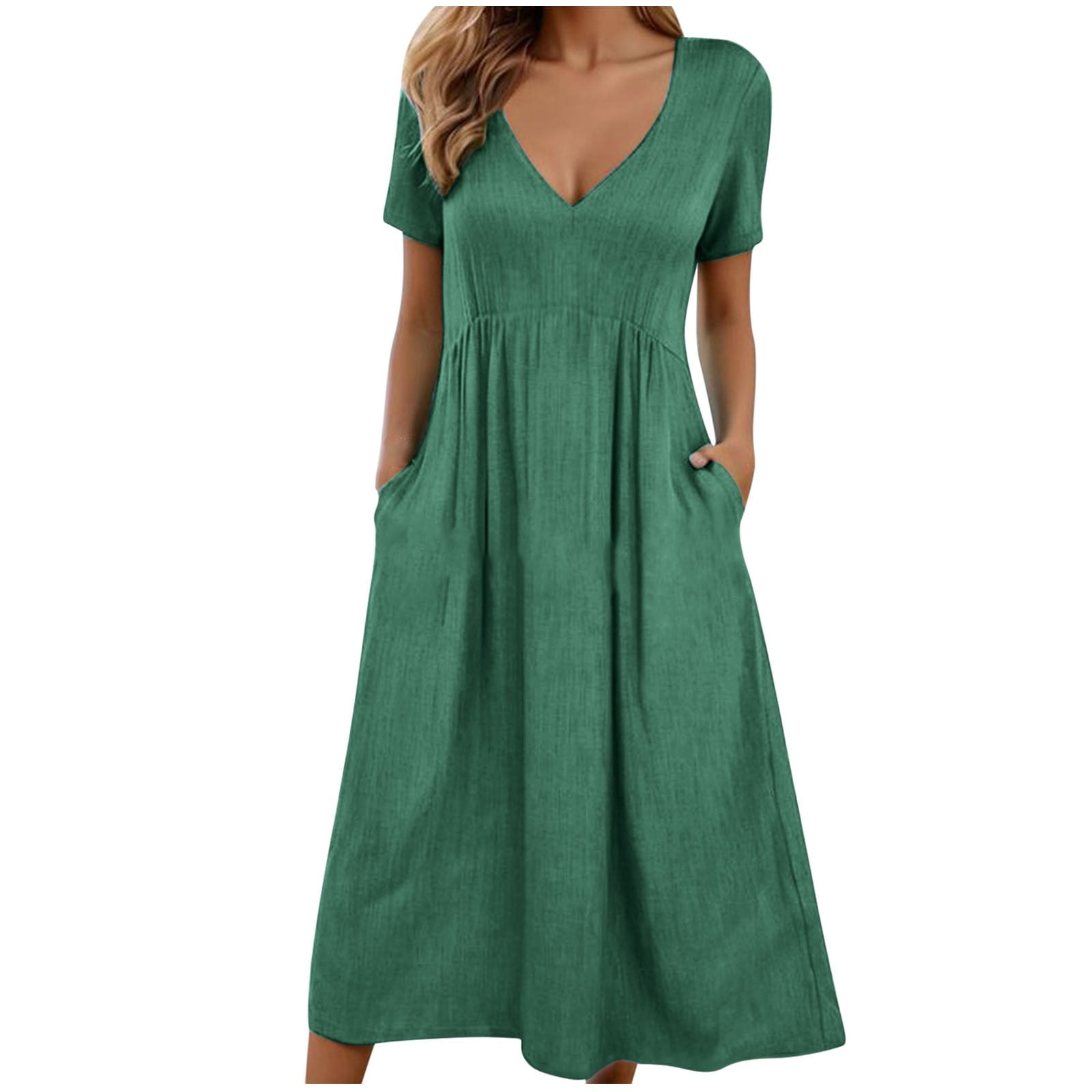 Fashion V Neck Long Sleeve Plain Loose Midi Dress