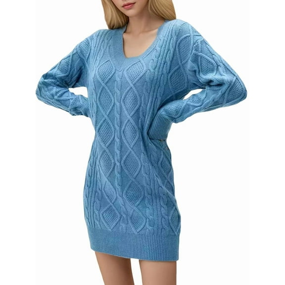 Womens V Neck Mini Sweater Dress Cable Knit Long Sleeve Casual Loose Fall Tunic Pullover Sweaters Peacock Blue L