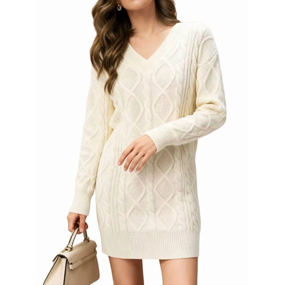 Womens V Neck Mini Sweater Dress Cable Knit Long Sleeve Casual Loose Fall Tunic Pullover Sweaters White L
