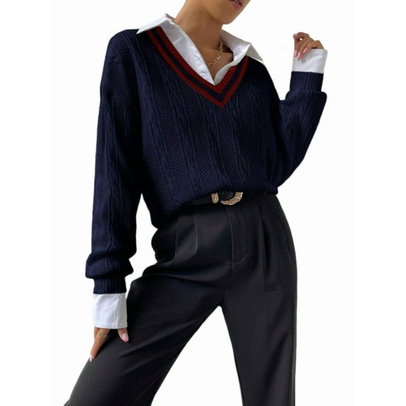 Womens V Neck Oversized Long Sleeve Cable Knit Pullover Striped Chunky Sweater Casual Tennis Tunic Tops Dark Blue L