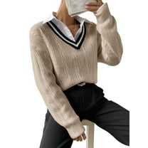 Womens V Neck Oversized Sweaters Long Sleeve Cable Knit Pullover Striped Chunky Sweater Casual Tennis Tunic Tops Khaki L