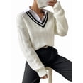 thumbnail image 1 of Womens V Neck Oversized Sweaters Long Sleeve Cable Knit Pullover Striped Chunky Sweater Casual Tennis Tunic Tops White L, 1 of 8