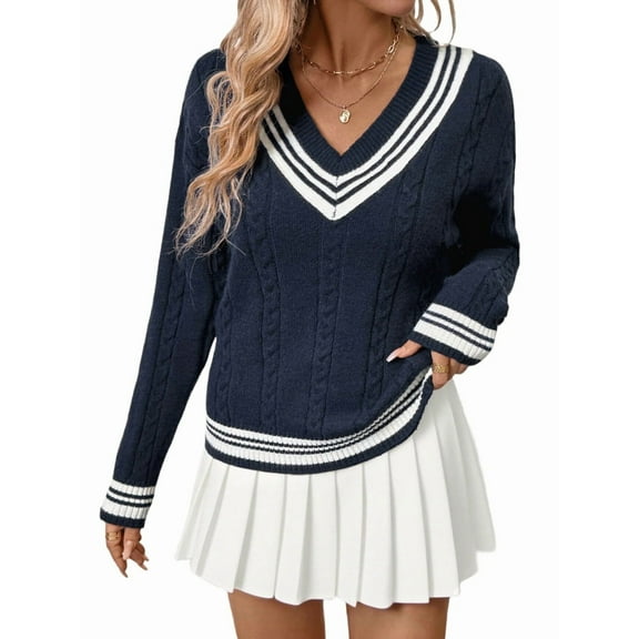 Womens V Neck Oversized Sweaters Long Sleeve Cable Knit Pullover Striped Chunky Sweater Casual Tunic Tops Navy Blue M