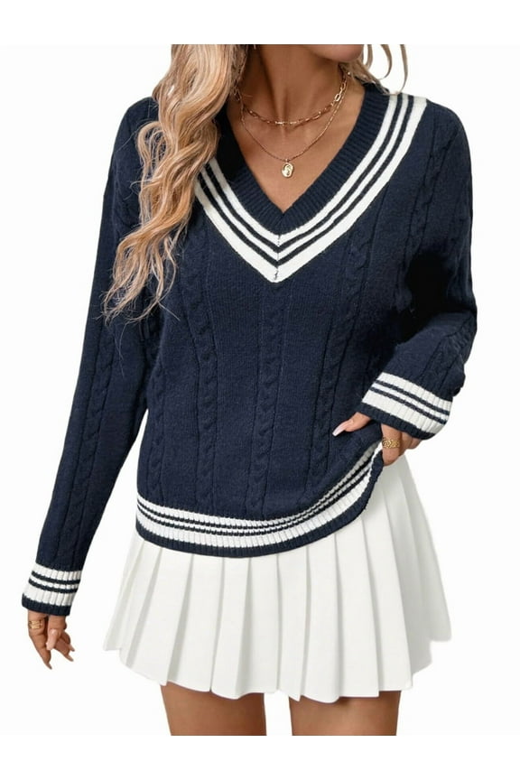 Womens V Neck Oversized Sweaters Long Sleeve Cable Knit Pullover Striped Chunky Sweater Casual Tunic Tops Navy Blue M