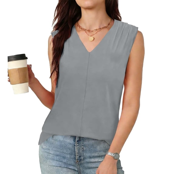 Womens V Neck Pleated Sleeveless Blouse Loose Fitting Casual Office Tank Tops for Work Travel Gray S