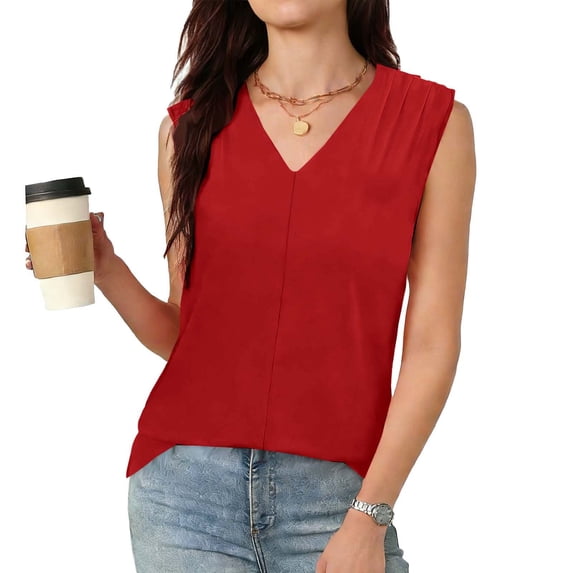 Womens V Neck Pleated Sleeveless Blouse Loose Fitting Casual Office Tank Tops for Work Travel Red M