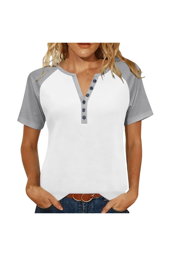 Womens V Neck Plus Size Color Block T Shirts Short Sleeve Henley Raglan Tees Regular-Fit Casual Business Blouses