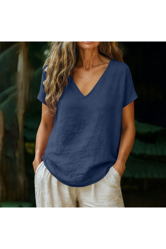 Womens V Neck Plus Size Tunic Top Short Sleeve Loose Fit Blouse Cotton Linen Summer Casual Navy 3X 4X 5X,Size 3XL