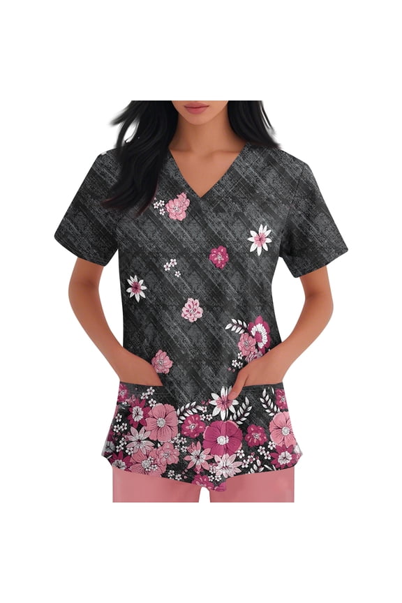 Womens V Neck Printed Scrub Tops Plus Size Stretch Soft Medical Nursing Tops with Pocket S-5XL