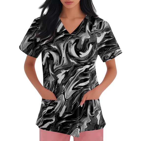 Womens V Neck Printed Scrub Tops Plus Size Stretch Soft Medical Nursing Tops with Pocket S-5XL