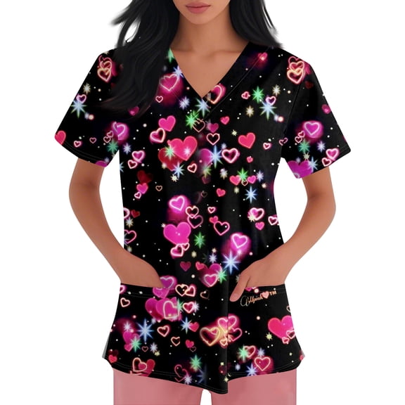 Womens V Neck Printed Scrub Tops Plus Size Stretch Soft Medical Nursing Tops with Pocket S-5XL