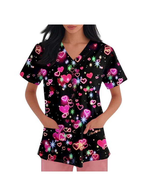 Womens V Neck Printed Scrub Tops Plus Size Stretch Soft Medical Nursing Tops with Pocket S-5XL