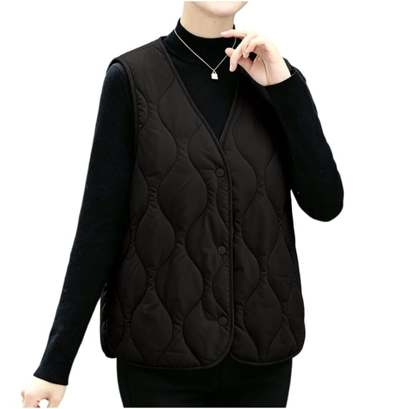 Womens V Neck Puffer Vest Quilted Button Sleeveless Jackets Lightweight Fall Winter Layer Daily Casual Tops for Work Black M
