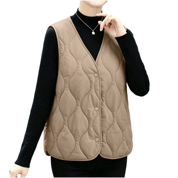 Womens V Neck Puffer Vest Quilted Button Sleeveless Jackets Lightweight Fall Winter Layer Daily Casual Tops for Work Khaki L