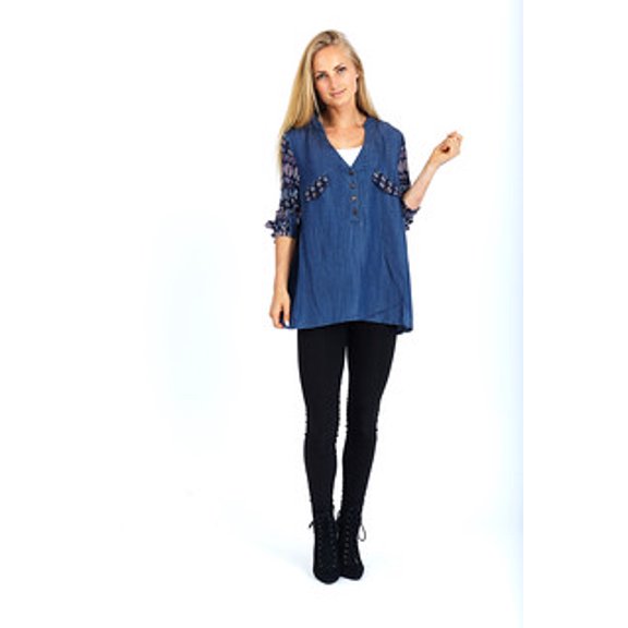Womens V-Neck Quarter Button Long Sleeve Blouse with Fake Pockets.