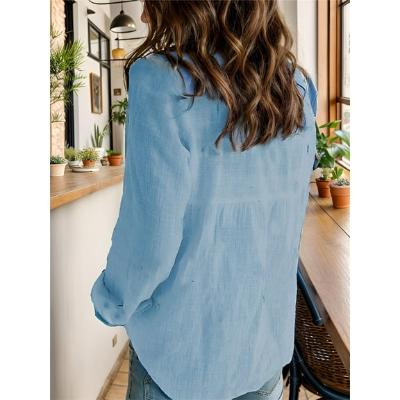 Womens V Neck Roll up Sleeve Button Down Blouses Tops