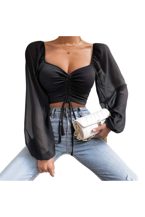 Womens V-Neck Ruched Drawstring Front Skinny Crop Top Chiffon Puff Long Sleeve Color Slim Fit Blouses Shirts