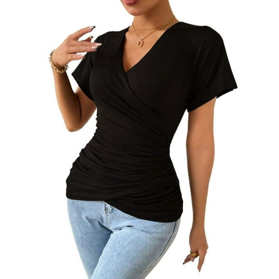Womens V Neck Ruched Side Tee Short Sleeve Summer Blouse For Women