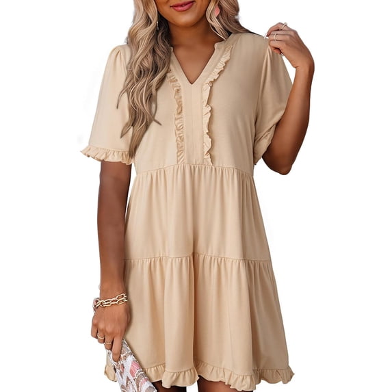 Womens V Neck Ruffle Short Sleeve Babydoll Mini Dress Casual A Line Dress for Summer