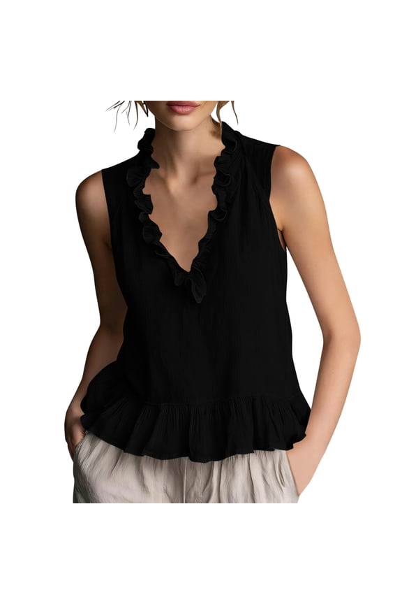Womens V Neck Ruffle Tunic Top Loose Fit Tank Top for Casual Wear Light Workouts & Inspired Dressy Styles Black L(L)