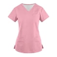 thumbnail image 1 of Womens V-Neck Scrub Tops – Stretchy Breathable Top with Pockets, Modern Classic Fit Pink XL, 1 of 4