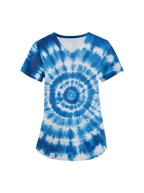 Womens V Neck Scrub Tops With Tie Dye Print Short Sleeve Pocket Design For Caregiver Workwear Casual Summer Outfits Weekend Wear