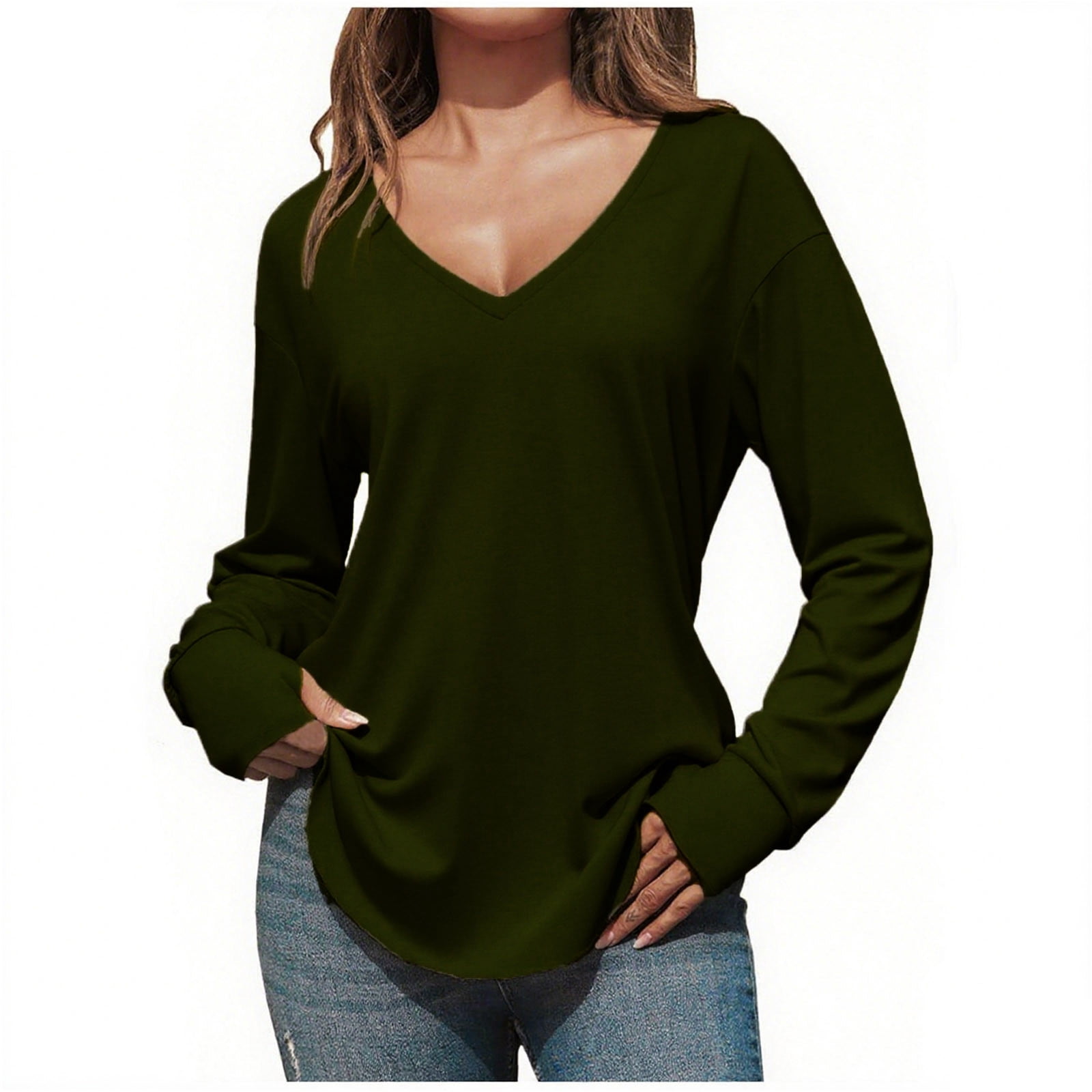 Womens V Neck Shirt with Thumb Holes Long Sleeve Tunic Tops Casual