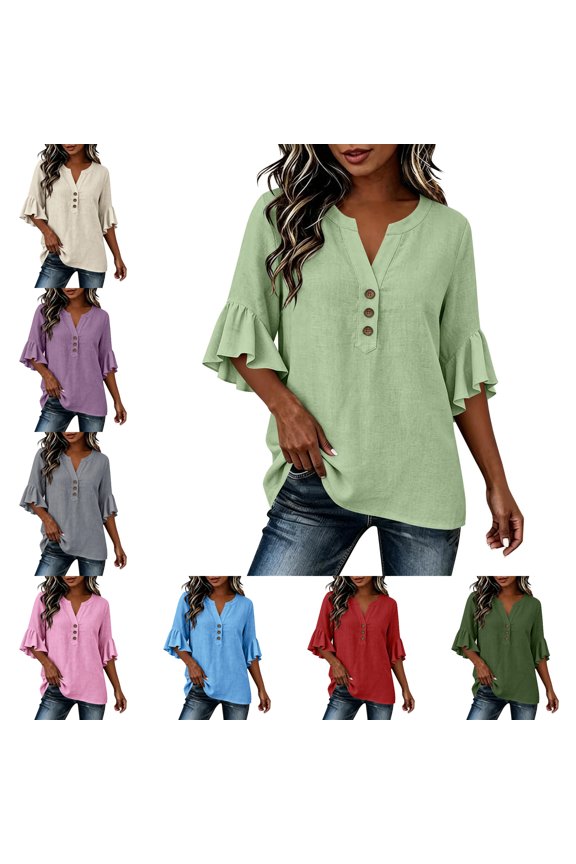 Womens V Neck Shirts Bell Sleeve Button Down Summer Blouses Soft Stretchy Breathable Casual Tops