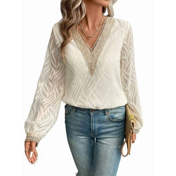 Womens V Neck Shirts Casual Elegant Lace Top Blouses Long Sleeve Chiffon Jacquard Fashion Fall Tunic Tops M