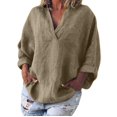 thumbnail image 1 of Womens V Neck Shirts Linen Cotton Long Sleeve Blouse Tunic Tops Cover Up Shirt Loose Beach Bikini Dress Khaki 5XL, 1 of 9