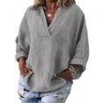thumbnail image 1 of Womens Shirts Long Sleeve Cotton Linen Gauze Tops Casual V Neck Blouses Loose Fit Light Gray 2XL, 1 of 6