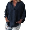 thumbnail image 1 of Womens V Neck Shirts Linen Cotton Long Sleeve Blouse Tunic Tops Cover Up Shirt Loose Beach Bikini Dress Navy M, 1 of 9
