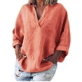 thumbnail image 1 of Womens V Neck Shirts Linen Cotton Long Sleeve Blouse Tunic Tops Cover Up Shirt Loose Beach Bikini Dress Orange 3XL, 1 of 9