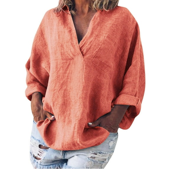 Womens V Neck Shirts Linen Cotton Long Sleeve Blouse Tunic Tops Cover Up Shirt Loose Beach Bikini Dress Orange 4XL