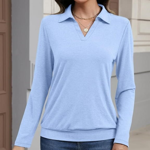 Womens V Neck Shirts Long Sleeve Business Casual Pullover Blouse Solid Color Fashion Fall Tunic Tops Light Blue XXL