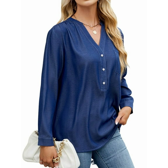 Womens V Neck Shirts Long Sleeve Collared Tops Loose Casual Tunic Blouses with Pocket Dark Blue XXL