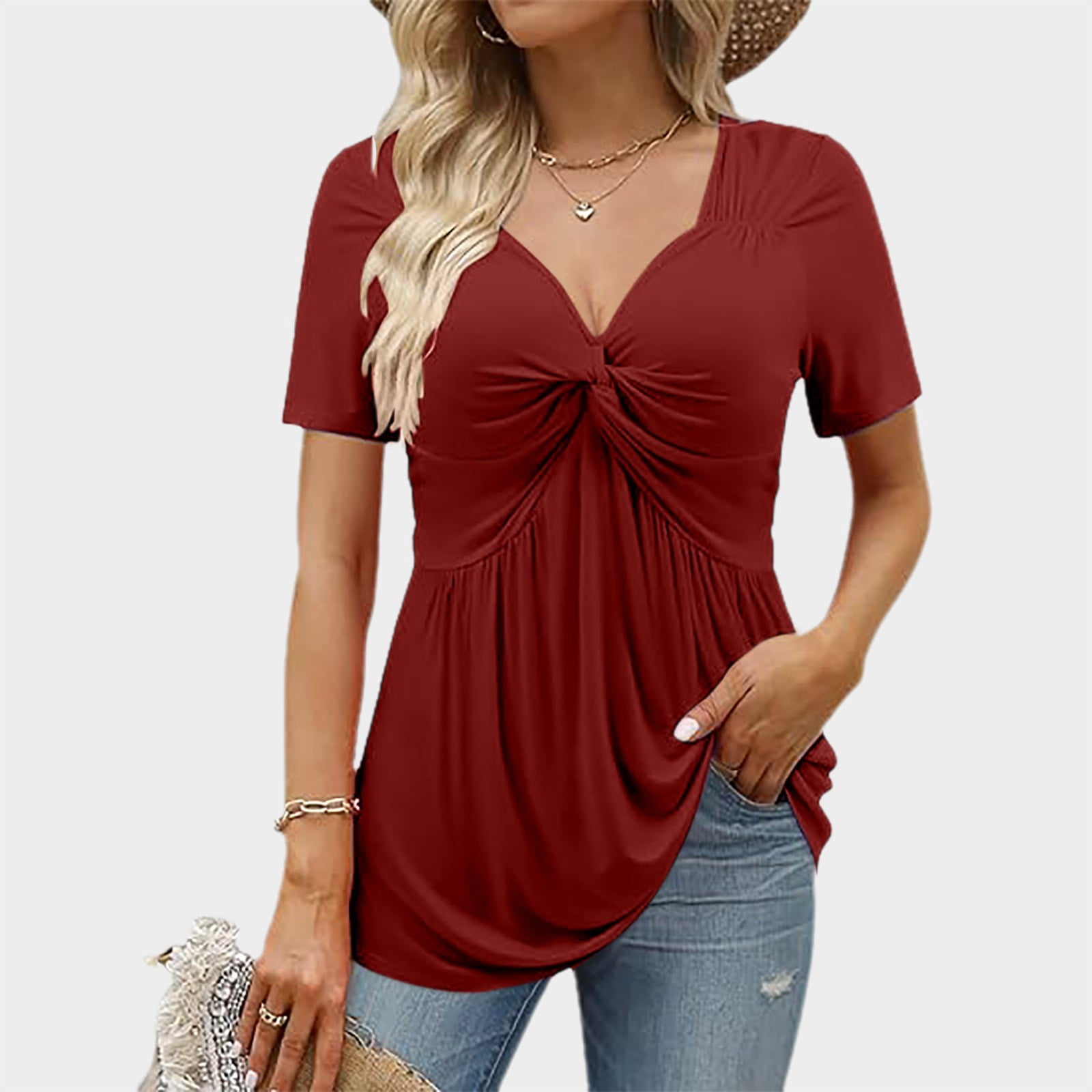 Womens V Neck Shirts Short Sleeve Tops Front Knotted T Shirt Casual ...