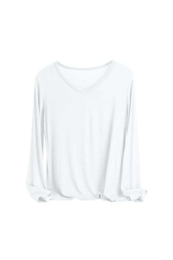 Womens V Neck Shirts Soft Modal Cotton Pajama Sleep Tops Long Sleeve Home Loungewear Night Tees Sleepwear (L, White)