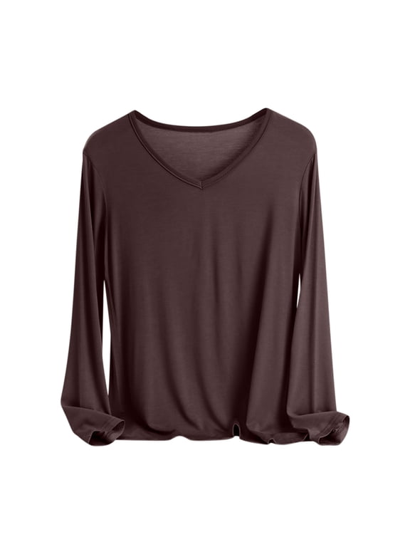 Womens V Neck Shirts Soft Cotton Pajama Sleep Tops Long Sleeve Lounge Homewear Night Tees Sleepwear (L, Coffee)