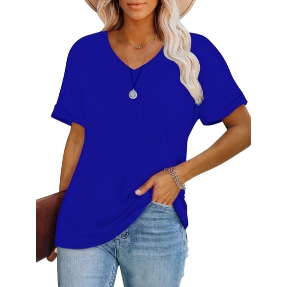 Womens V-Neck Shirts with Front Pocket Decoration Short Sleeve Solid Casual Loose Fit Trendy T-Shirt