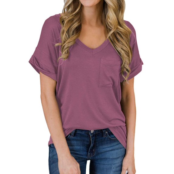 Womens V-Neck Shirts with Front Pocket Decoration Short Sleeve Solid Casual Loose Fit Trendy T-Shirt