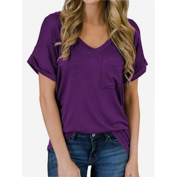 Womens V-Neck Shirts with Front Pocket Decoration Short Sleeve Solid Casual Loose Fit Trendy T-Shirt